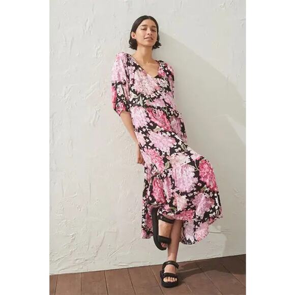 H&M Pink Black Floral Short Puff Sleeve V Neck Tiered Maxi Swing Dress Size L - Picture 1 of 6
